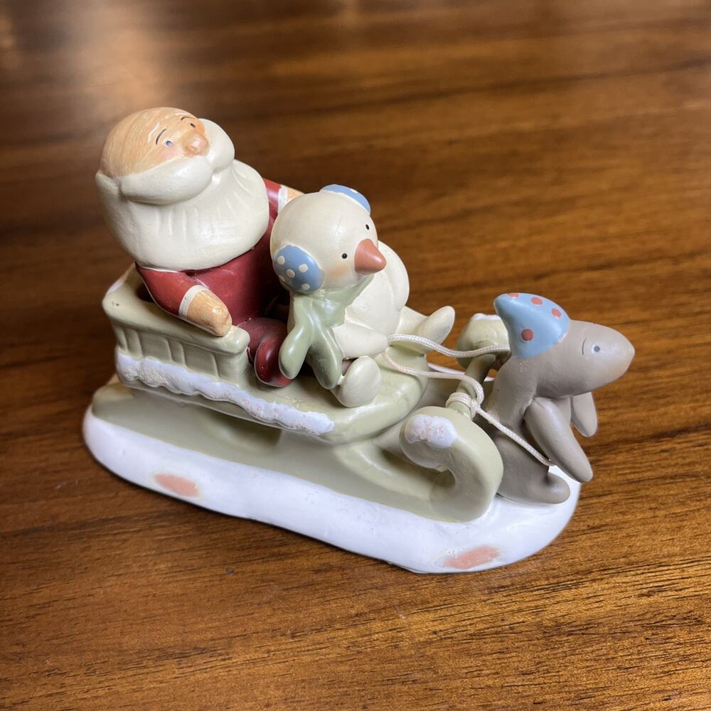 Russ Bonnie Lynn Christmas Figurine of Santa & Snowman on Sled with Bunny Cute